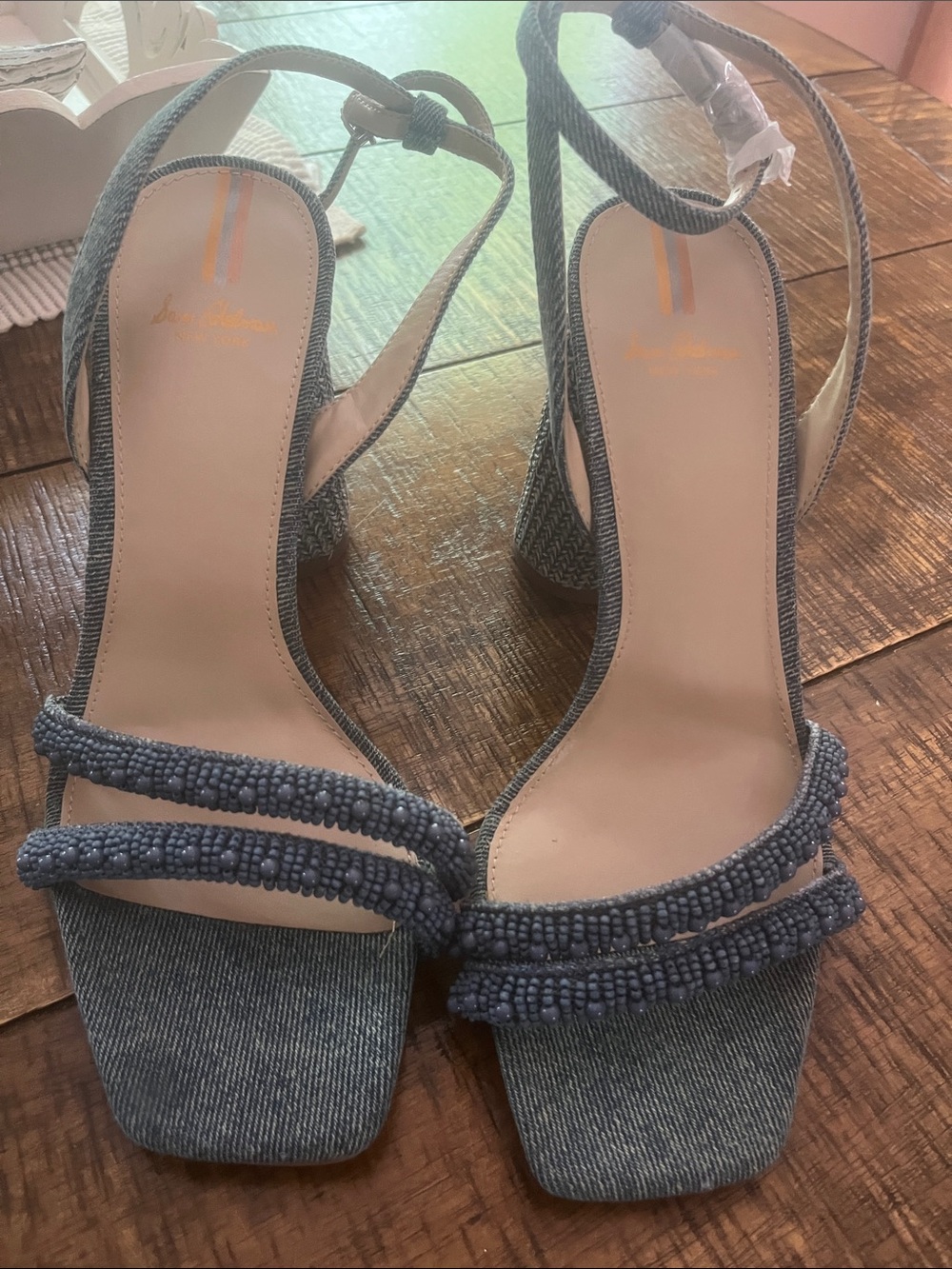 Sam Edelman Denim Blue Beaded Strappy  3.5” Heeled Sandals